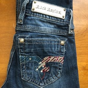 Rock Revival Dark Blue Boot Cut Jeans with Red and White Details